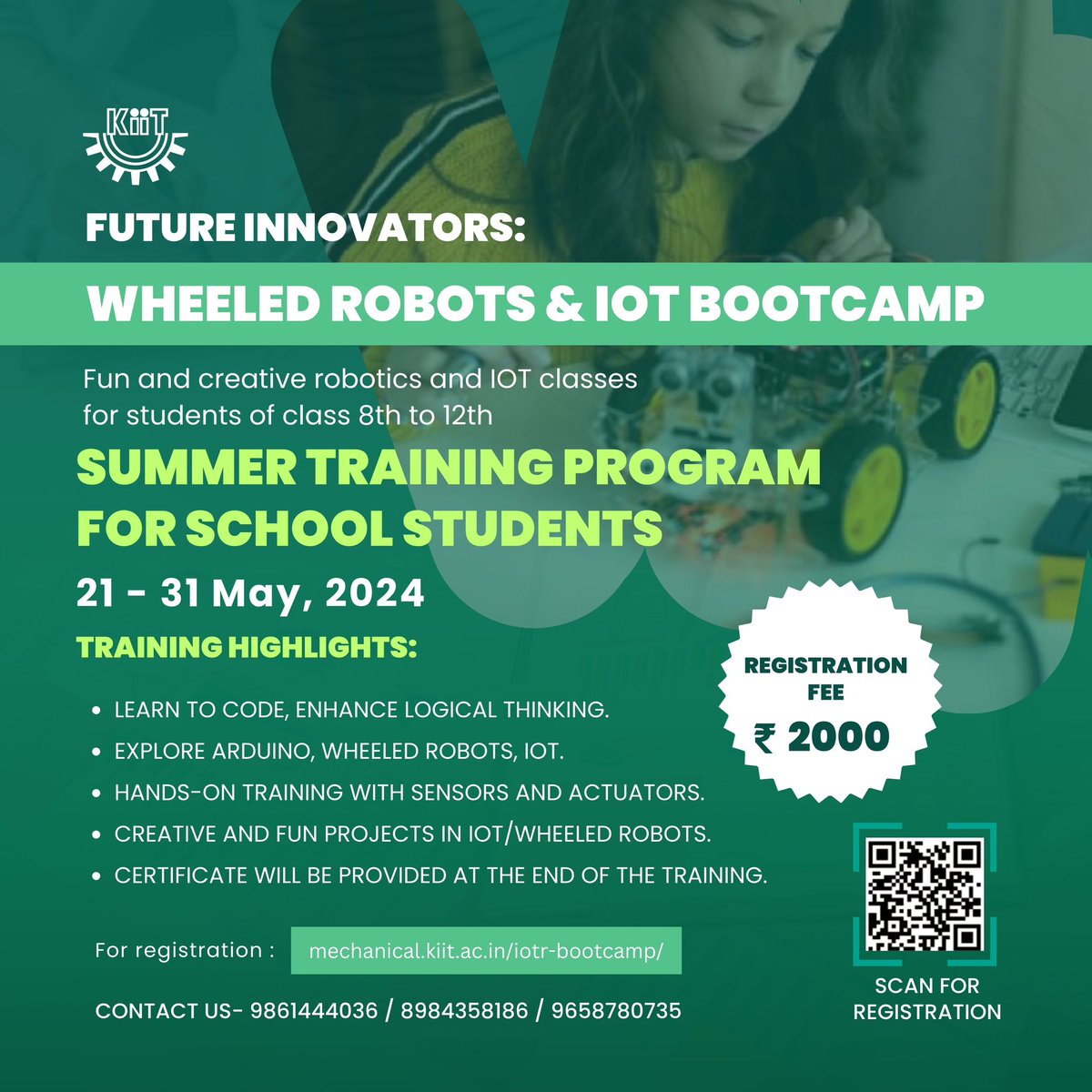 Dive into the exciting world of robotics and IoT in our fun and creative classes tailored for students from classes 8th to 12th. Join us from May 21st to 31st, 2024, and embark on an unforgettable journey of innovation and discovery! #KIITSummerTraining #FutureInnovators