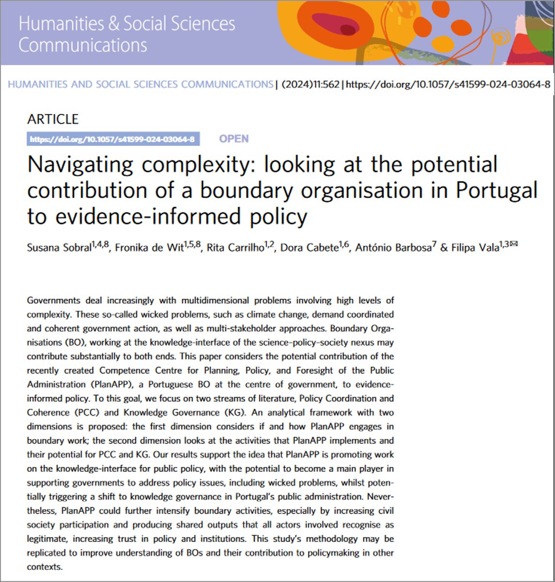 #SciencePolicyInterfaces are notably complex & prone to information barriers. #BoundaryOrganizations (BO) fill key #KnowledgeTransfer roles in the interfaces. In @HSScomms Sobral et al. describe the position of a Portugese BO in informing policy processes doi.org/10.1057/s41599…