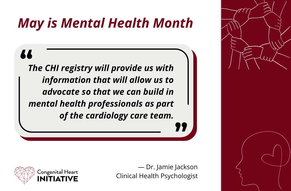 May is Mental Health month. The CHI is investigating key questions around support for mental wellbeing for people with #CHD. If you’re not yet enrolled in the CHI, join here: bit.ly/3CIIWa7