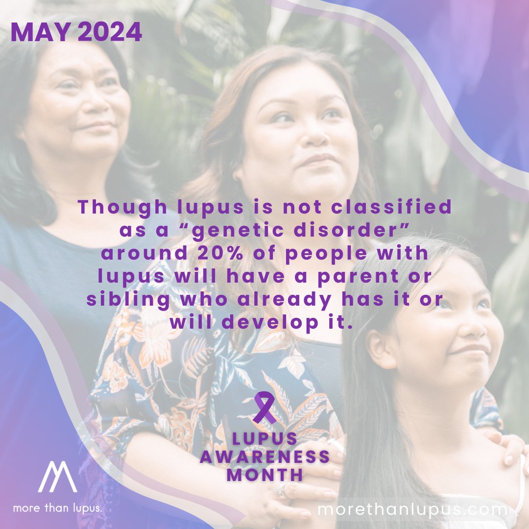 #DYK that though #lupus is not classified as a genetic disorder, around 20% of people with lupus will have a parent or sibling who already has it or will develop it. Do you have another family member with lupus? #LAM24 #LupusAwarenessMonth #SLE #familypredisposition #genetics