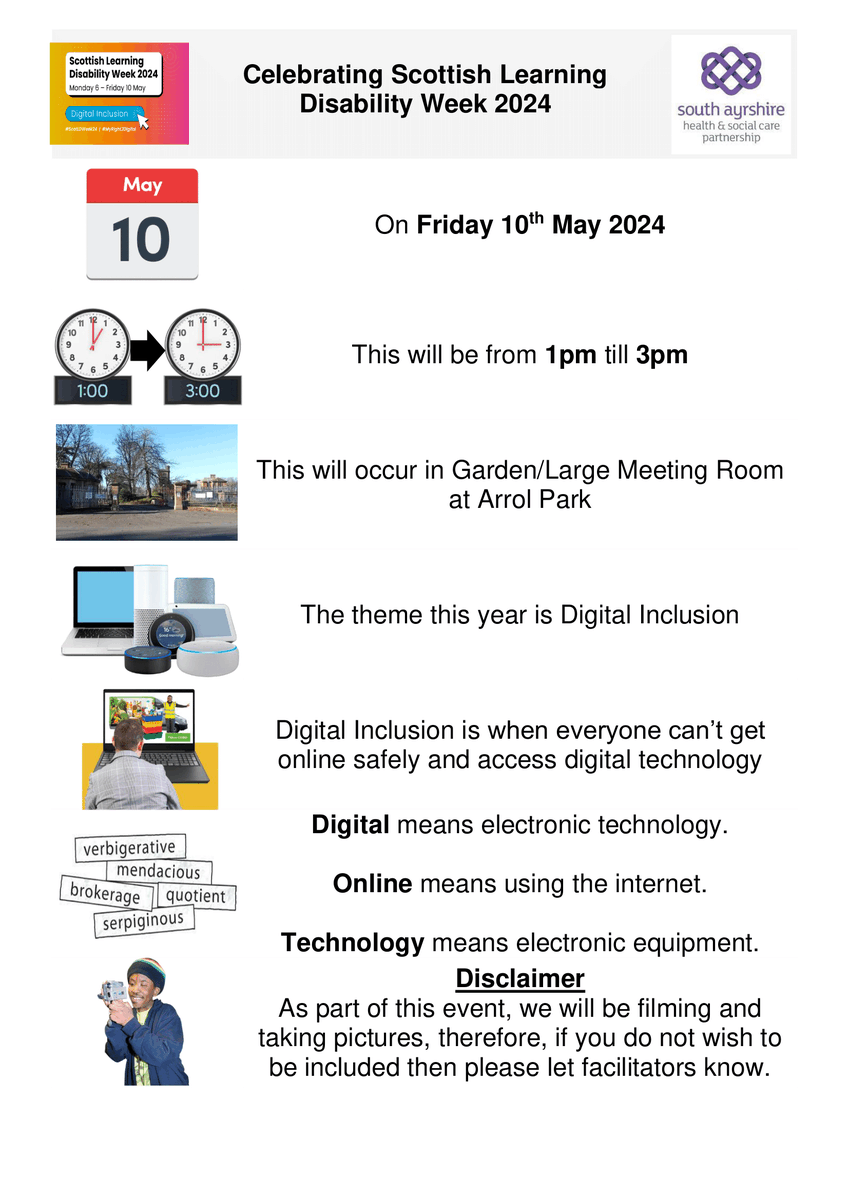 📢 Celebrating Scottish Learning Disability Week 2024 Join us at Arrol Park, Ayr for our event focusing on the theme of Digital Inclusion. 📱🧑‍💻 📅 Friday 10 May 🕐 1pm - 3pm 📍 Garden / Large Meeting Room - Arrol Park, Ayr
