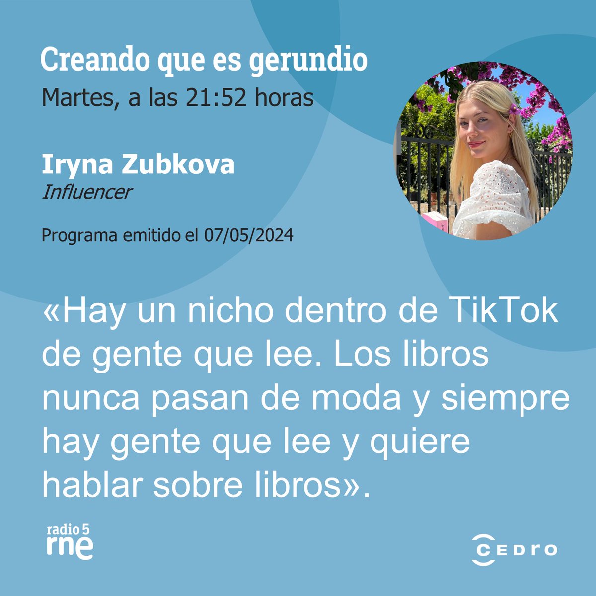 👉 La influencer Iryna Zubkova nos explica el fenómeno #booktok y el poder que tienen las redes sociales para fomentar hábitos de #lectura entre los jóvenes. 🎙️ En #CreandoQueEsGerundio @radio5_rne Puedes escucharlo aquí: cedro.org/sala-de-prensa…