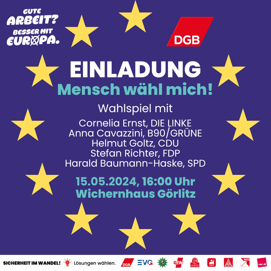 Am 15.05. geht es bei uns in #Görlitz um #Europa! Dabei sind @anna_cavazzini, @gruene_sachsen, @ErnstCornelia, @linke_sachsen, Helmut Goltz, @cdusachsen, @paneuropolis, @fdpsachsen, Harald Baumann-Haske, @SPDSachsen. Seid dabei! Macht mit! #Europawahl #GuteArbeit #BesserMitEuropa