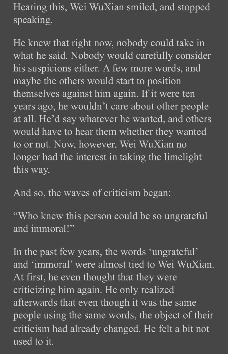 Wwx didn’t need redemption, but that doesn’t mean he didn’t change. He decided to leave the corrupt jianghu to themselves instead of challenging them on their own hypocrisies.