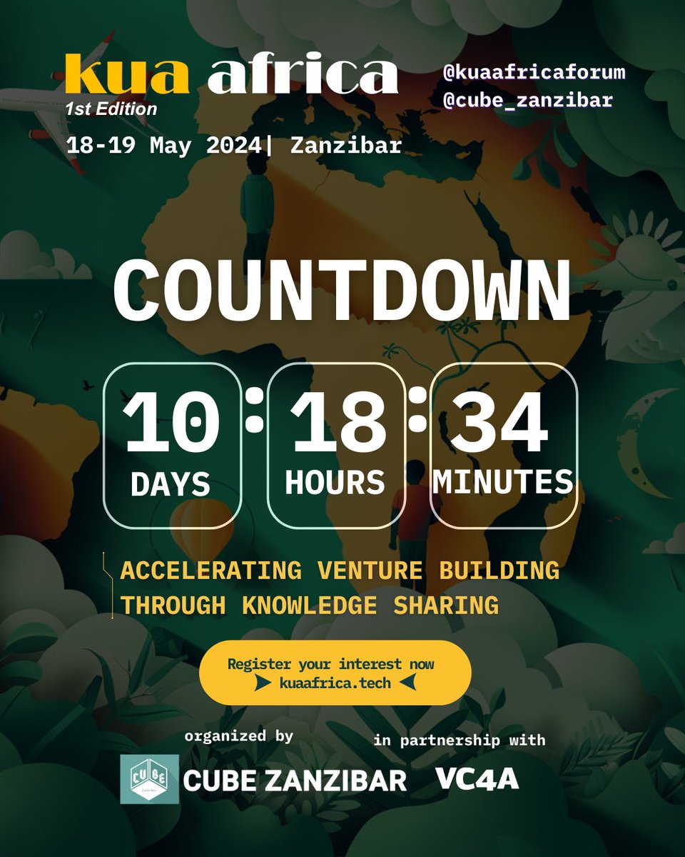 Only 10 days left until the #KuaAfricaForum—an inclusive #venturebuilding event in #Tanzania & #Zanzibar, with experts shaping Africa's future. 

RSVP now! Capacity is limited. kuaafrica.tech/rsvp/
#KuaAfrica2024 #Knowledgesahring