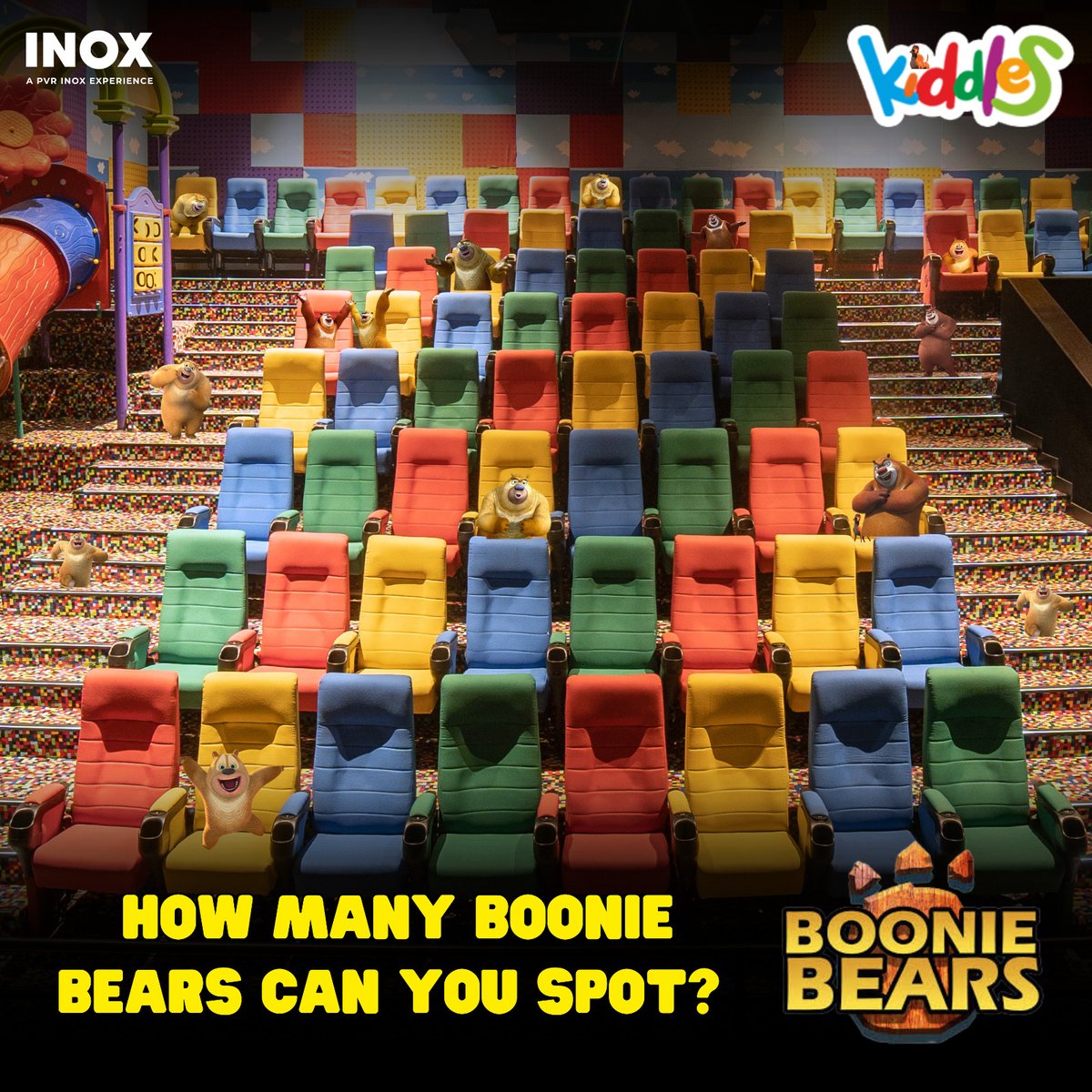 Could you identify the numbers of Bonnie Bears present at the movie theater? Comment below. . This Mother's Day, treat your children to Kiddles exclusively at #INOX. . #AnimatedMovies #ChildrensFilm #Chinese #Cinema #Enjoyment #BonnieBearsGuardianCode #Kiddles #BingjunZhang…