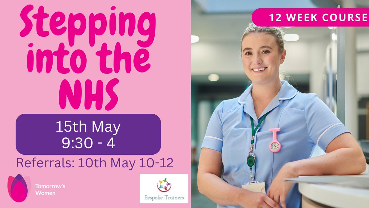 TomorrowsWomen's tweet image. Come along to Stepping Into NHS starting 15th May. Referrals can be carried out this Friday or before the course starts next week at #tomorrowswomenchester. Visit reception or call to book 01244 906 494 💗#nhs #nhscourse #stepintonhs #freecourseschester #nhscoursechester