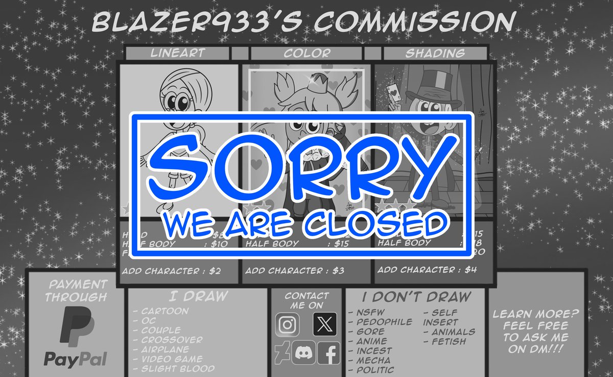 Blazer's Commission is CLOSE

Not something new drawing today, but I just make some little announcement that I decided to Close Art Commission for temporary during IRL thing that I still can't left.

#commissionclosed #blazingstar933