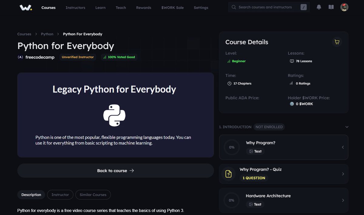 python is often touted as the best language to get started with when it comes to programming and it just so happens last night I moved over to @work_courses a FREE 78 lesson video course series on python from freecodecamp.

check it out here work.courses/courses/python…