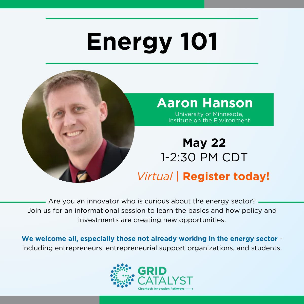 Are you looking to expand your understanding of the #energy sector & opportunities for #entrepreneurship? Join us May 22 for a virtual workshop on the changing energy sector. And learn how it's creating new opportunities for startups. Register today - gridcatalyst.org/events/