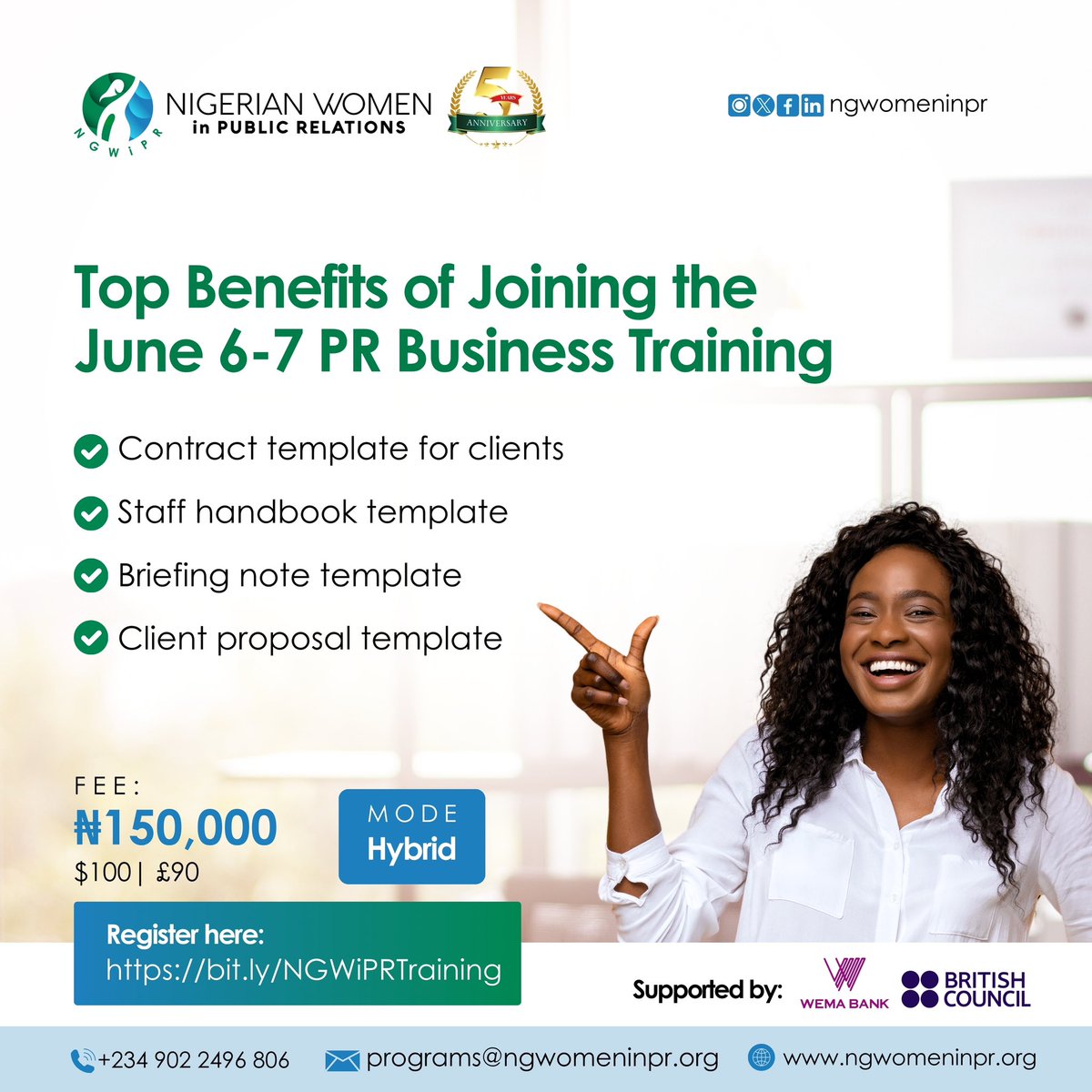 NGWomeninPR's tweet photo. Take your PR business to the next level with the resources you need to thrive! Register for the #PRBusinessTraining https://t.co/2Sw3yjeXk3 and gain access to valuable resources, templates, expert insights, and practical tools to help you start, grow and scale your business. https://t.co/DvQnMSafdF