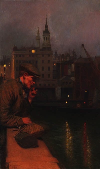 'A man smoking a pipe overlooking the Thames with the Monument and St. Magnus Martyr beyond (1911)' by Savage W Cooper (Private collection)