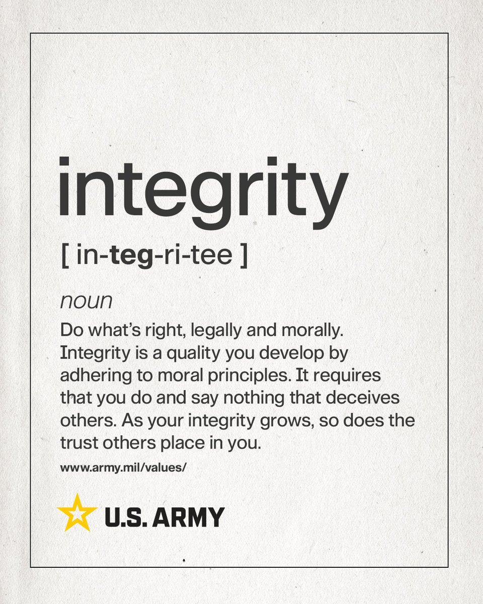 #WednesdayWisdom: Act justly, both legally and morally. Developing a sense of honesty involves adhering to moral principles, refraining from deceit. Upholding these principles fosters trust from others. 🇺🇸 Learn more about #ArmyValues at army.mil/values