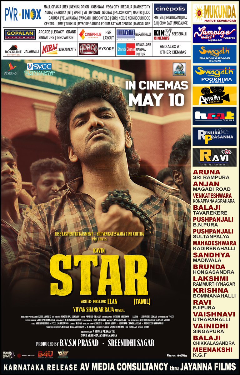 #STAR Karnataka updated theatre list is here. Grand release from May 10th, advance bookings are live now Entire KA release by @venkatavmedia @Kavin_m_0431