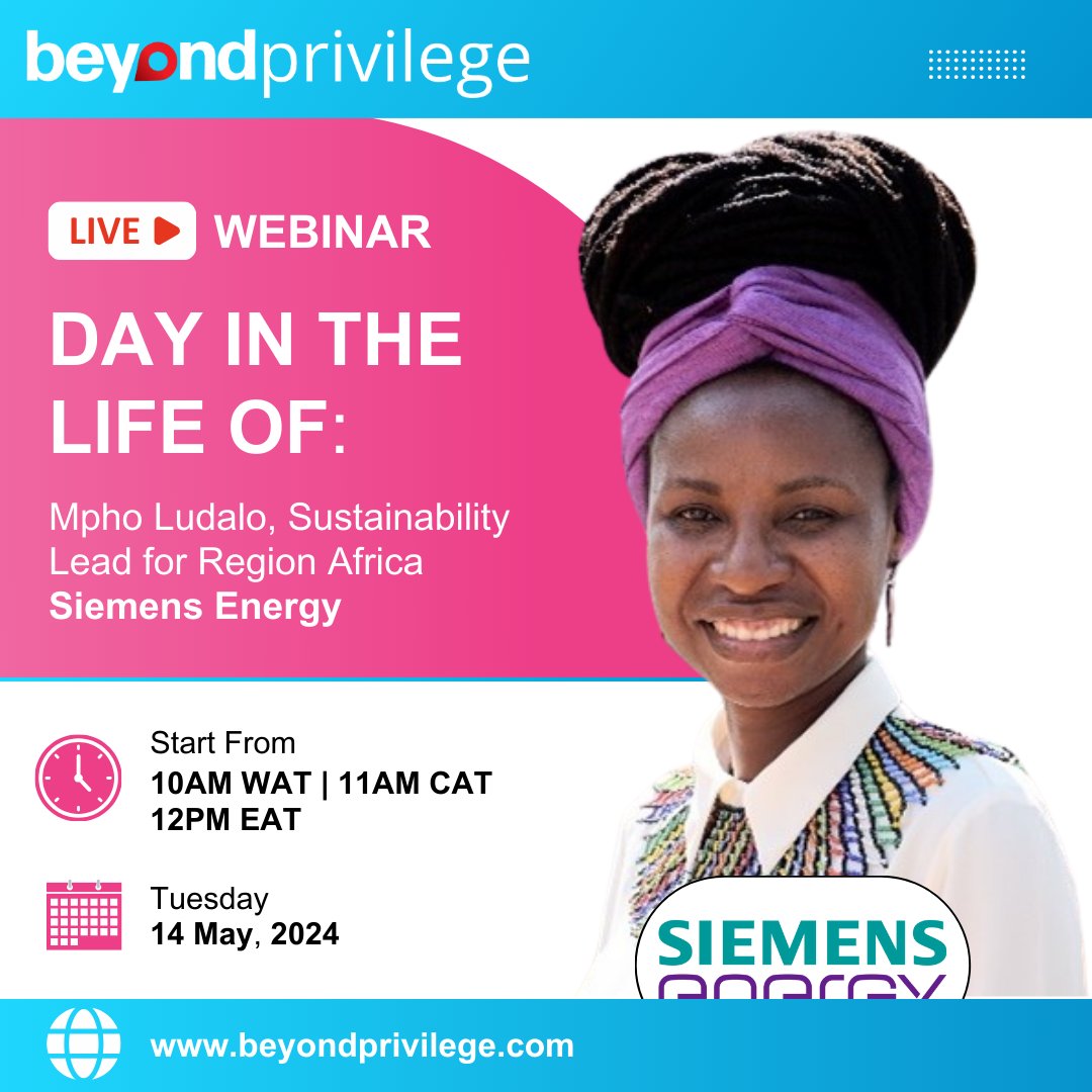 youth_energysum's tweet photo. 👀 What does it take to work with one of the world’s leading energy technology companies? 👉🏿 Hear first hand from Mpho Ludalo from @Siemens energy, in her LIVE webinar and Q&amp;A on #BeyondPrivilege. 
👂🏿 https://t.co/XjY3HTvQbR
📅 Tuesday 14 May 
⏰ 10AM WAT | 11AM CAT | 12PM EAT https://t.co/PcpiRionu1