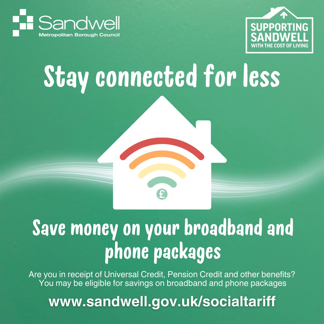 💭 Did you know you may be able to save money on cheaper broadband and phone packages?

🏠 Broadband providers now offer social tariff products to low-income households.

Find out more on our website: sandwell.gov.uk/socialtariff 
#SupportingSandwell