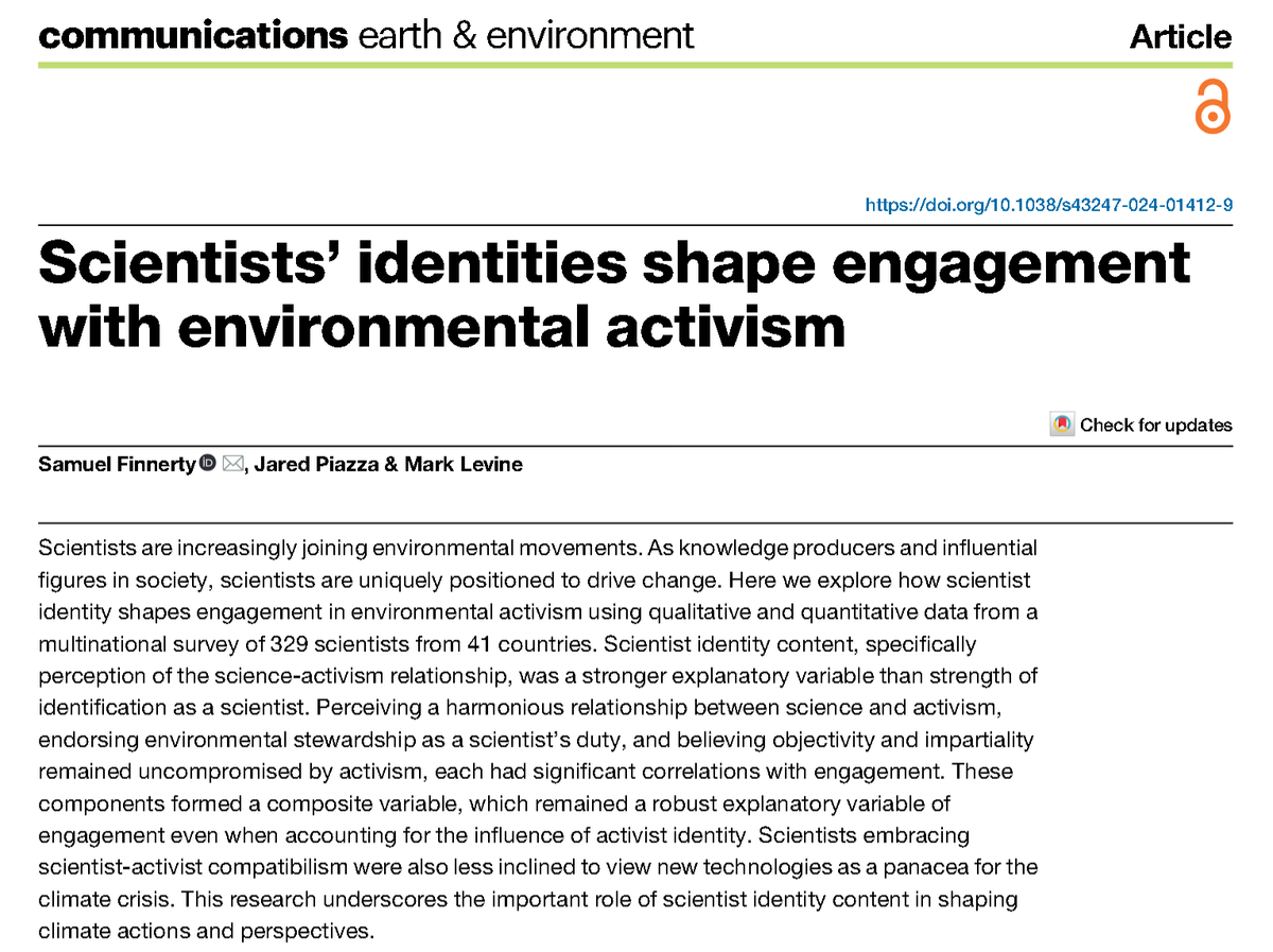 Delighted to share my open access paper in Nature Communications Earth and Environment @CommsEarth 'Scientists’ identities shape engagement with environmental activism' nature.com/articles/s4324…