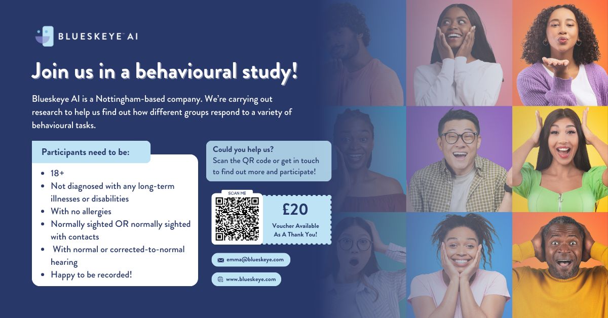 We need you! 🫵 We're carrying out a study to find out how different groups respond to a variety of behavioural tasks. Get involved and earn a £20 voucher! Scan the QR code or email us for details! 🌐 blueskeye.com #research #jointhestudy #studyparticipants