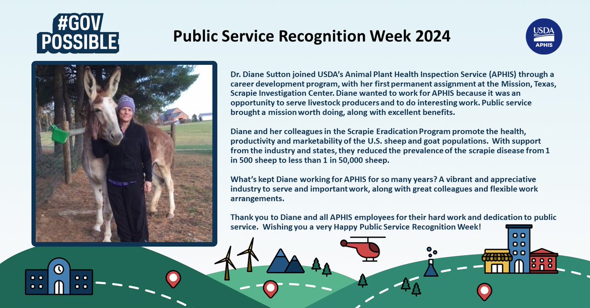 It's #PSRW, and we're giving a shoutout to Dr. Diane Sutton from APHIS Veterinary Services! Diane is the Assistant Director at the Ruminant Health Center, and she's doing an awesome job. Thanks, Diane, and all you amazing public servants out there for making #GovPossible.