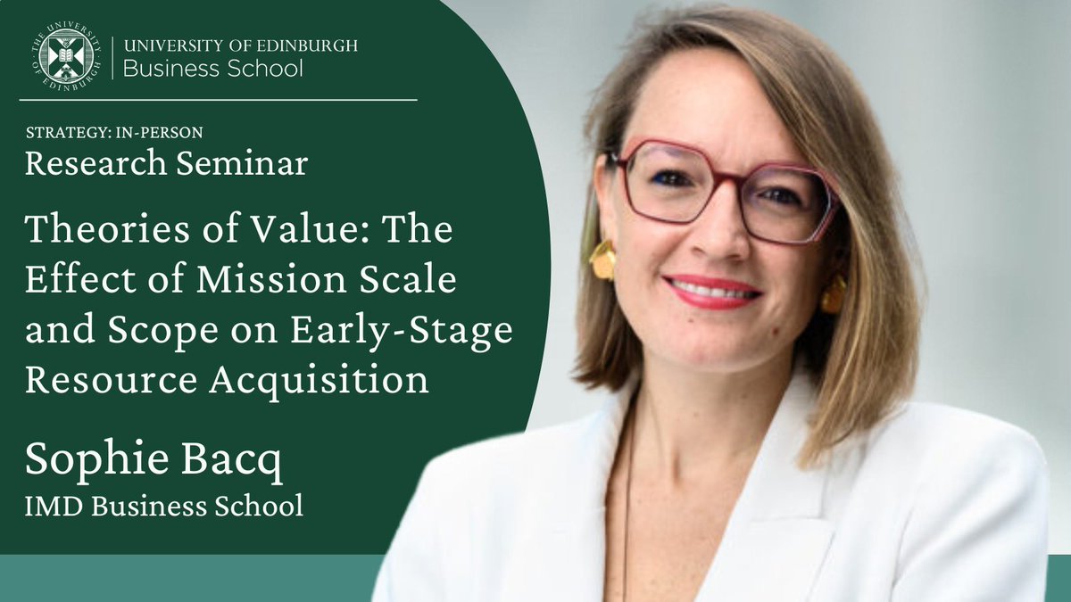#ResearchSeminar: A warm welcome to @SophieBacq from the @IMD_Bschool who joins us today to present their work on 'Theories of Value: The Effect of Mission Scale and Scope on Early-Stage Resource Acquisition'. #ResearchExcellence