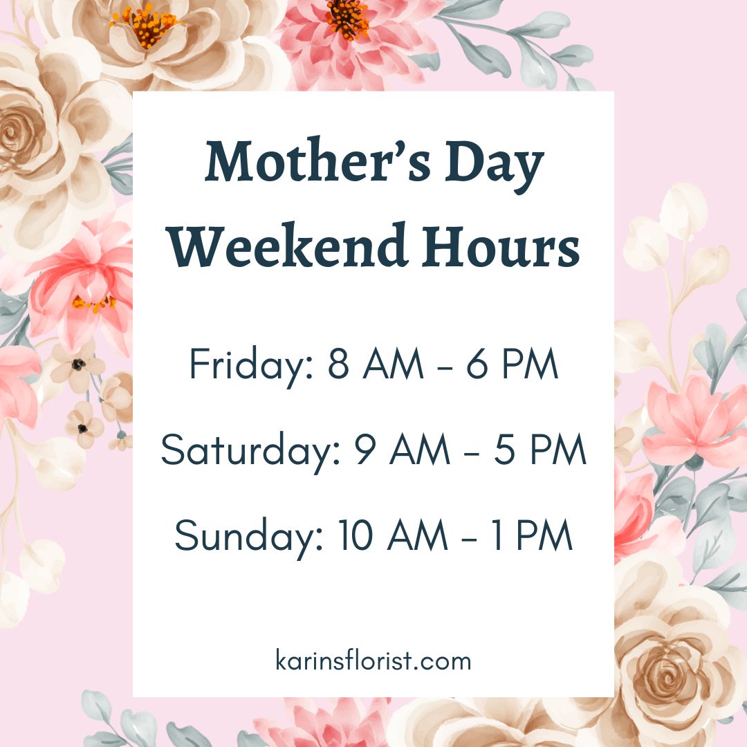 It's not too late to get flowers or a nice gift!
We will be open extra hours this weekend. Stop by the
shop to pick up some flowers or a special gift. ❤️

#Mothersday2024 #mothersdayweekend #florist
#GiftShop