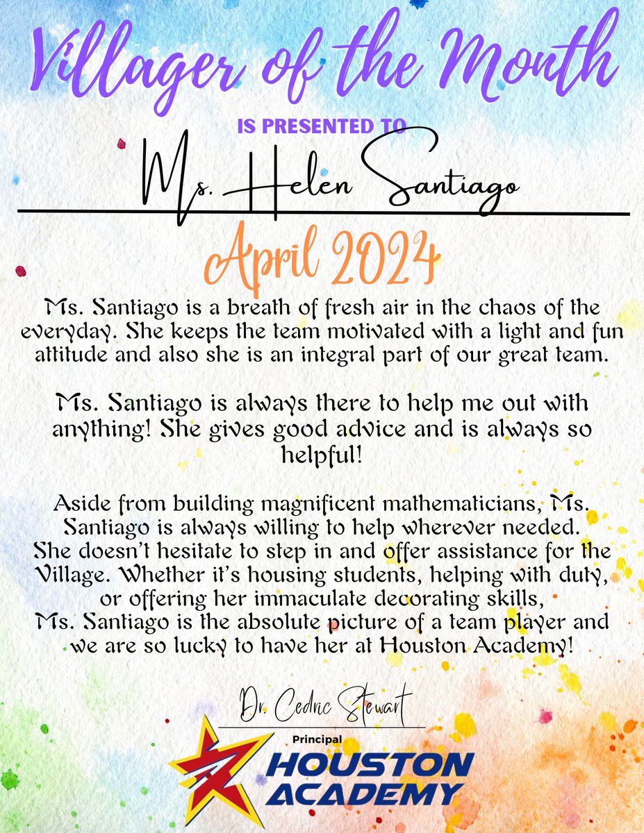 Please join me in congratulating our April Villager of the Month @Houston_AISD! The math department and the village at-larger are better with you in it, @hsantiago1617! #JHAstars @doccbstewart @ms_nholmes @GeekSquad5000