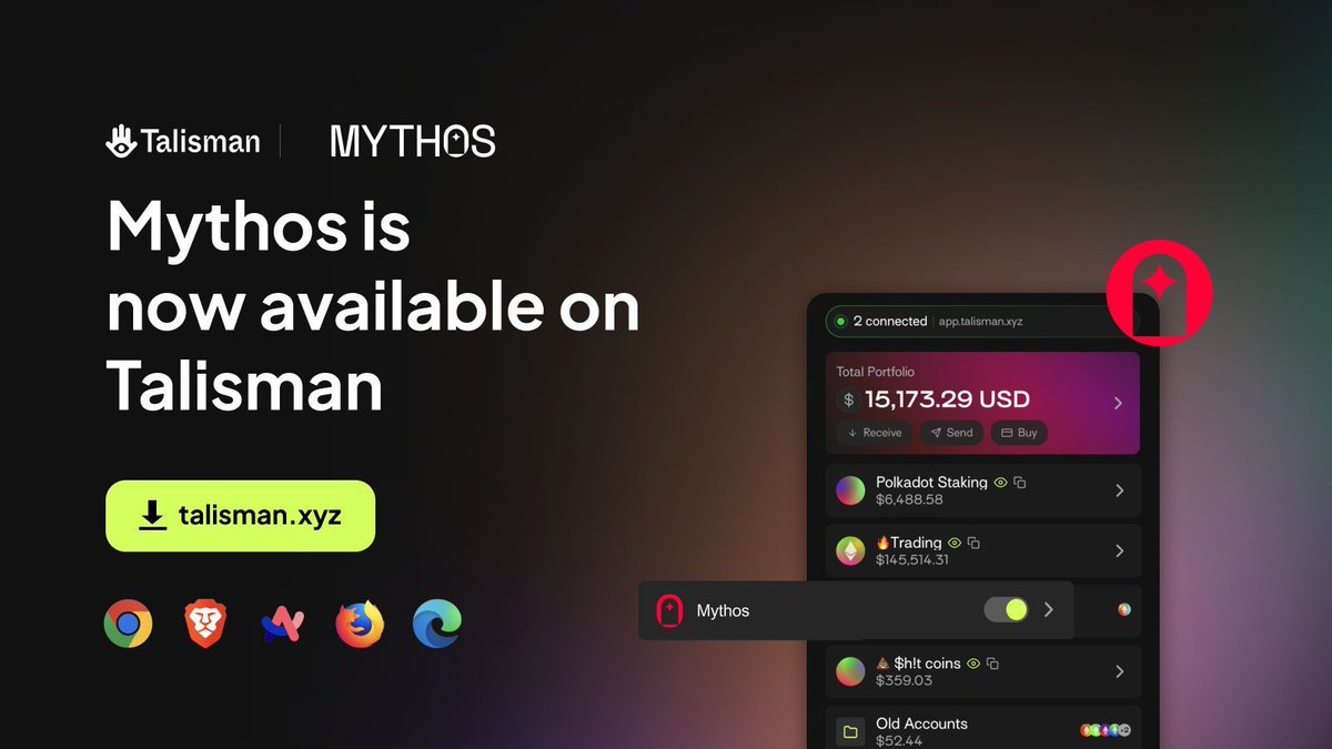 The MYTH airdrop is on its way! 🎁 Talisman Wallet now supports the @EnterTheMythos network, allowing you to access your tokens right after they're airdropped to you! 🎉 You can download Talisman Wallet at Talisman.xyz 👌
