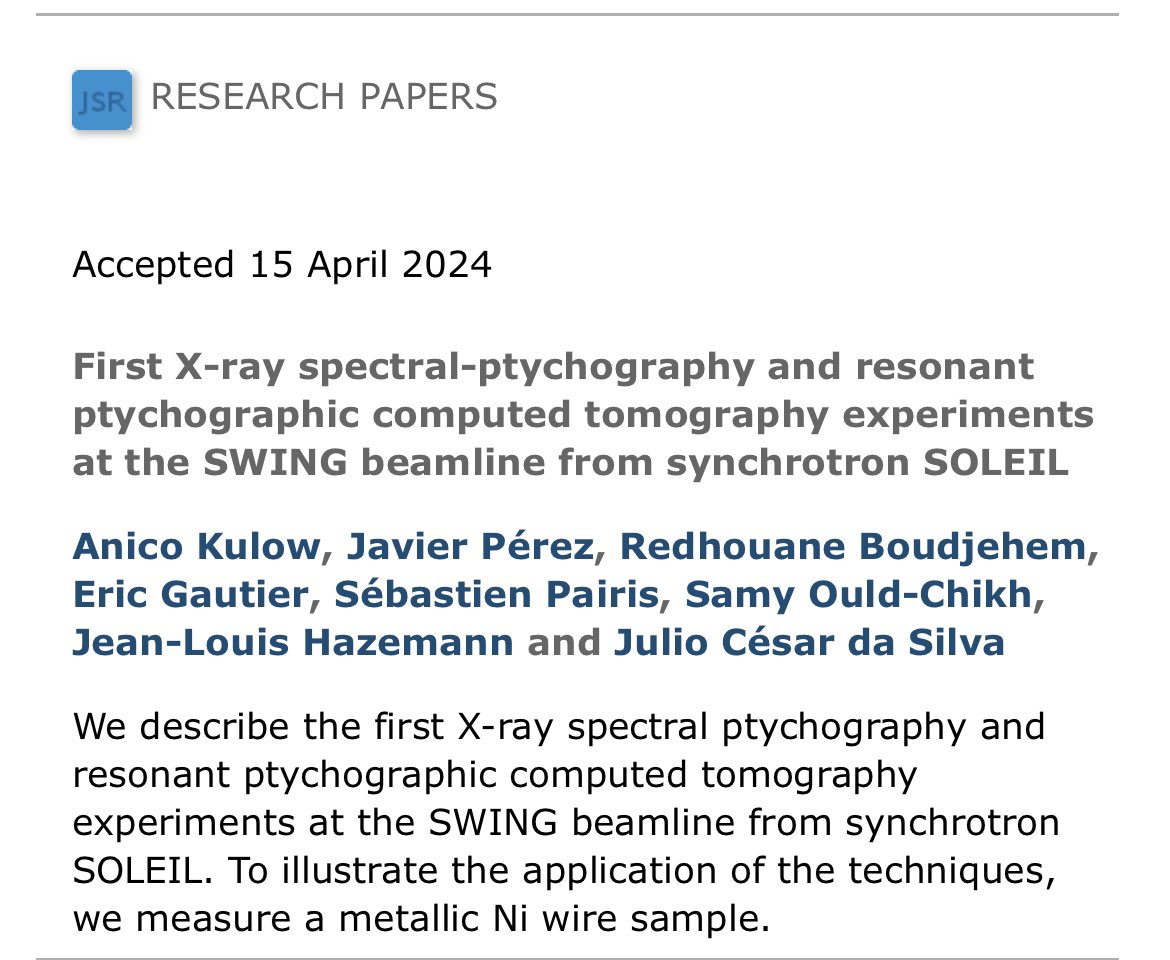 The postdoc @AnicoKulow has had her paper accepted for publication in the Journal of Synchrotron Radiation. Congrats, Anico! 
If you're interested in ptychographic-tomography, be sure to check out the @SwingBeamline @synchroSOLEIL. It's has a great nanoprobe for PXCT experiments.