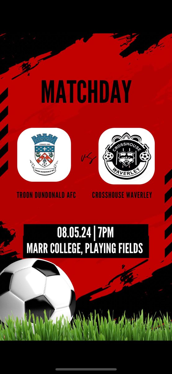 TONIGHT We travel to Marr College to take on a Troon Dundonald side who are on an impressive run of form in the first of our final 3 league games. ⚽️ @TroonDunAFC 🏆 AAFA Division 1 📍 Marr College, Troon 🕝 19:00 kick off 🔴⚫️