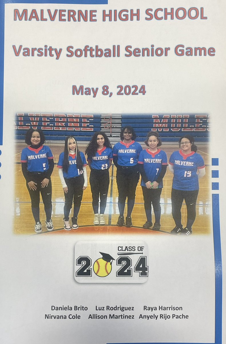 Varsity Softball Senior game today @MalverneHS. Brito, Cole, Rodriguez, Martinez, Rijo, and Harrison will be honored before the game for their dedication and commitment to the softball program @MalverneUFSD. #gomules #softball #seniors  🥎
