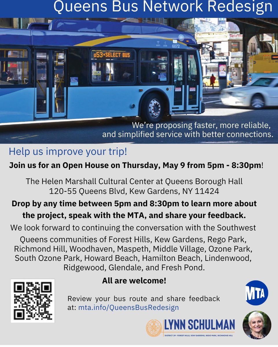 🚨REMINDER: For all those who have reached out to me or my office about the Queens Bus Redesign, I am hosting an open house with .<a href="/MTA/">MTA</a> to discuss the proposal on Thursday, May 9, at 5PM at Queens Borough Hall.  Don't miss this opportunity to make your voice heard!