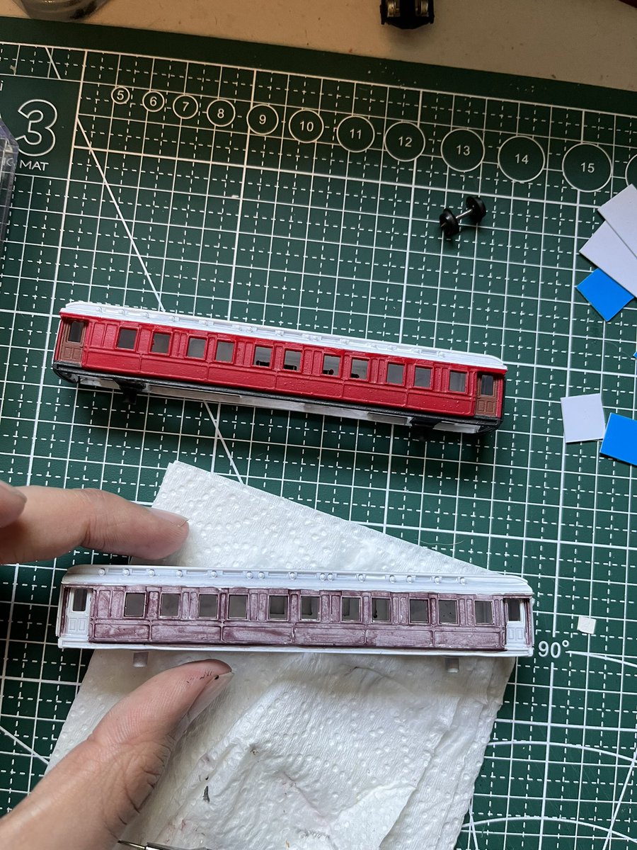 Update from the Carriage and Wagon Department today:-
LNWR Semi Royal Saloon No.806:- (maroon) wheels sets have had the white tire painted on, one set of doors received a coat of brown. 
(Brown):- has had the body received its first coat of brown paint need a few more coats.