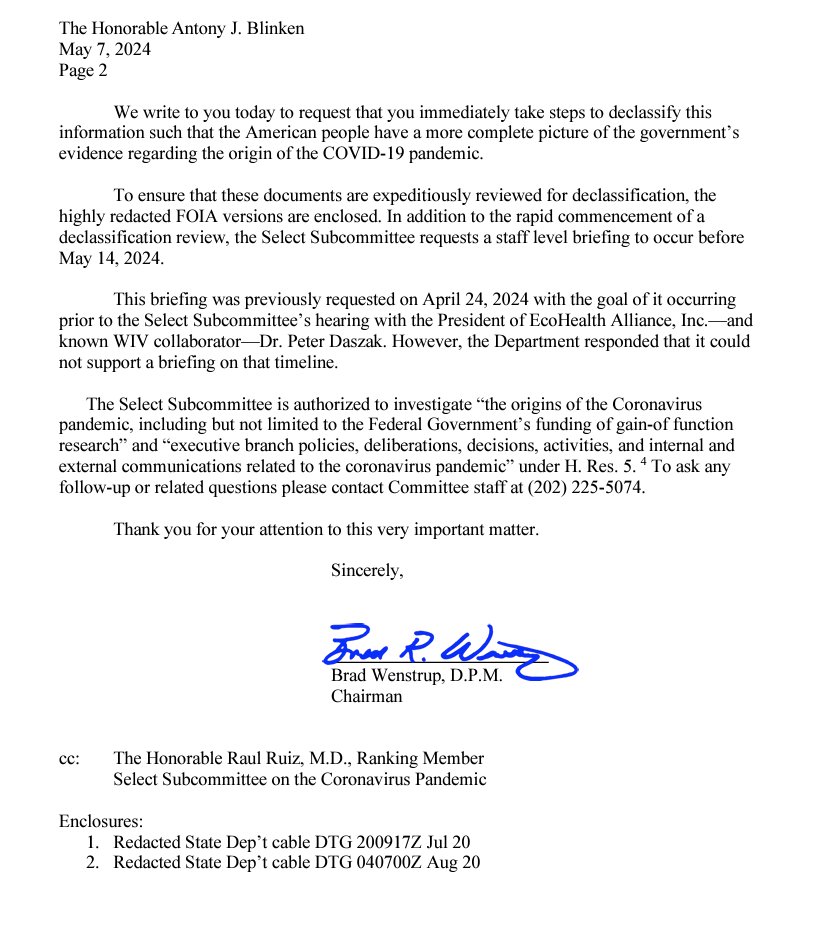 House Select Subcommittee letter to Secretary of State: 'These documents contain highly pertinent information that credibly suggests…COVID-19 originated from a lab-related accident in Wuhan, China' 'The American people deserve to see the information' oversight.house.gov/wp-content/upl…
