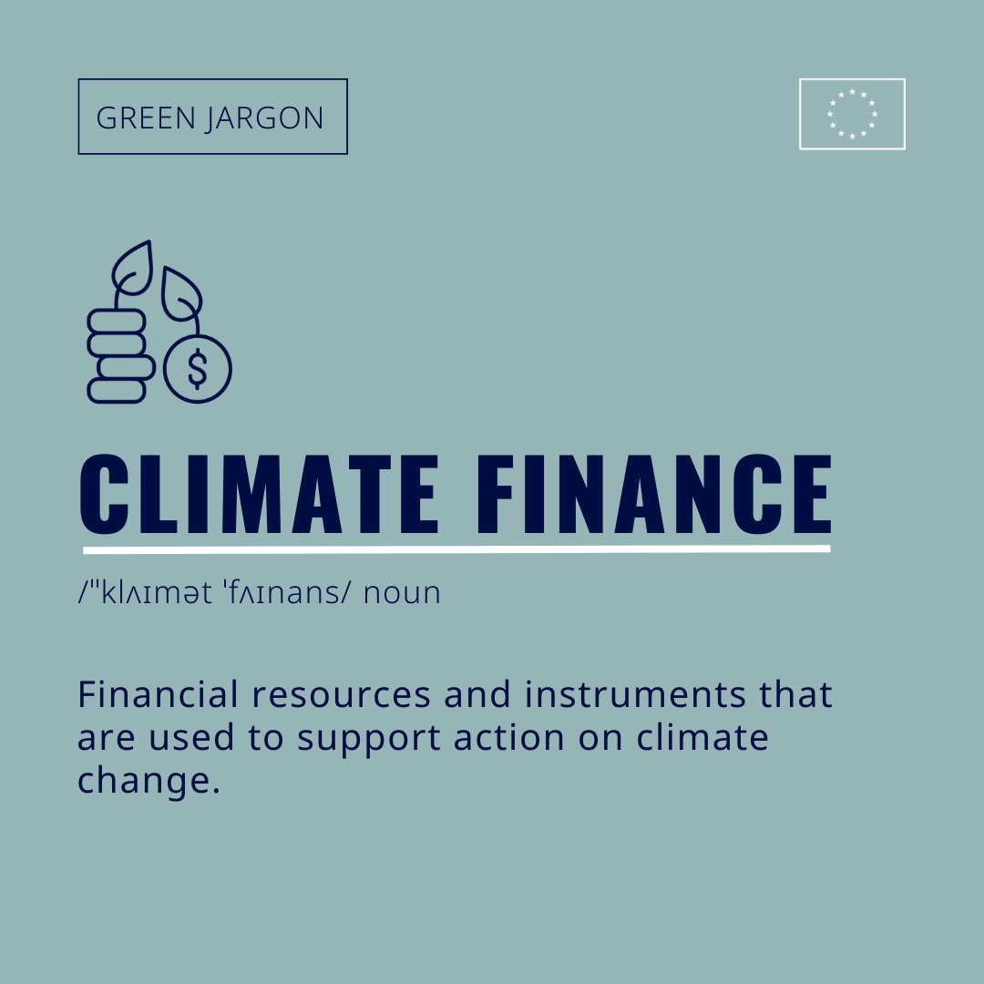 Let’s talk about #ClimateFinance and its relation to #ClimateAction.  📈 

Climate finance is the use of money from different sources to help countries deal with climate change. The financial resources are mainly used for:  
1️⃣ Mitigation 
2️⃣ Adaptation 

 #GreenJargon