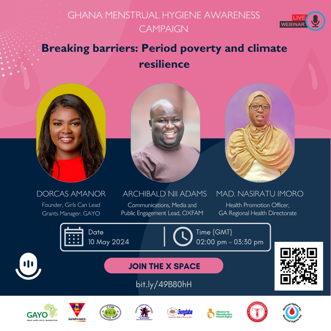 As part of Menstrual Hygiene Awareness, @YamGhana in partnership with @gayoghana and other youth networks are hosting a space. Don’t forget to join in the discussion via the link bit.ly/49B80hH @PPAGGhana @YAMghana - Join the Action, protect the future ‼️