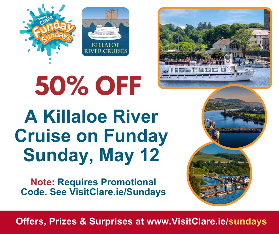Funday Sunday: 50% OFF a One-Hour Cruise onboard Killaloe River Cruises 💛💙 Relax on a one-hour cruise of the River Shannon and Lough Derg. The tour cruises north along the River Shannon and Lough Derg with stunning views! For this offer & more: visitclare.ie/sundays/