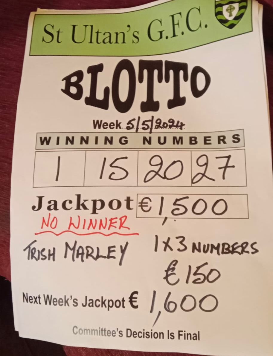 Blotto Results, 06/05/2024
Jackpot - €1,500
No winner 
Trisha Marley matches 3 numbers (€150)
Next Jackpot - €1,600
Play online👇
stultansgaa.com/Blotto

Our pitch in Martry is being fully redeveloped and we need your help. Find out how at stultansgaa.com/Martry-Redevel…
