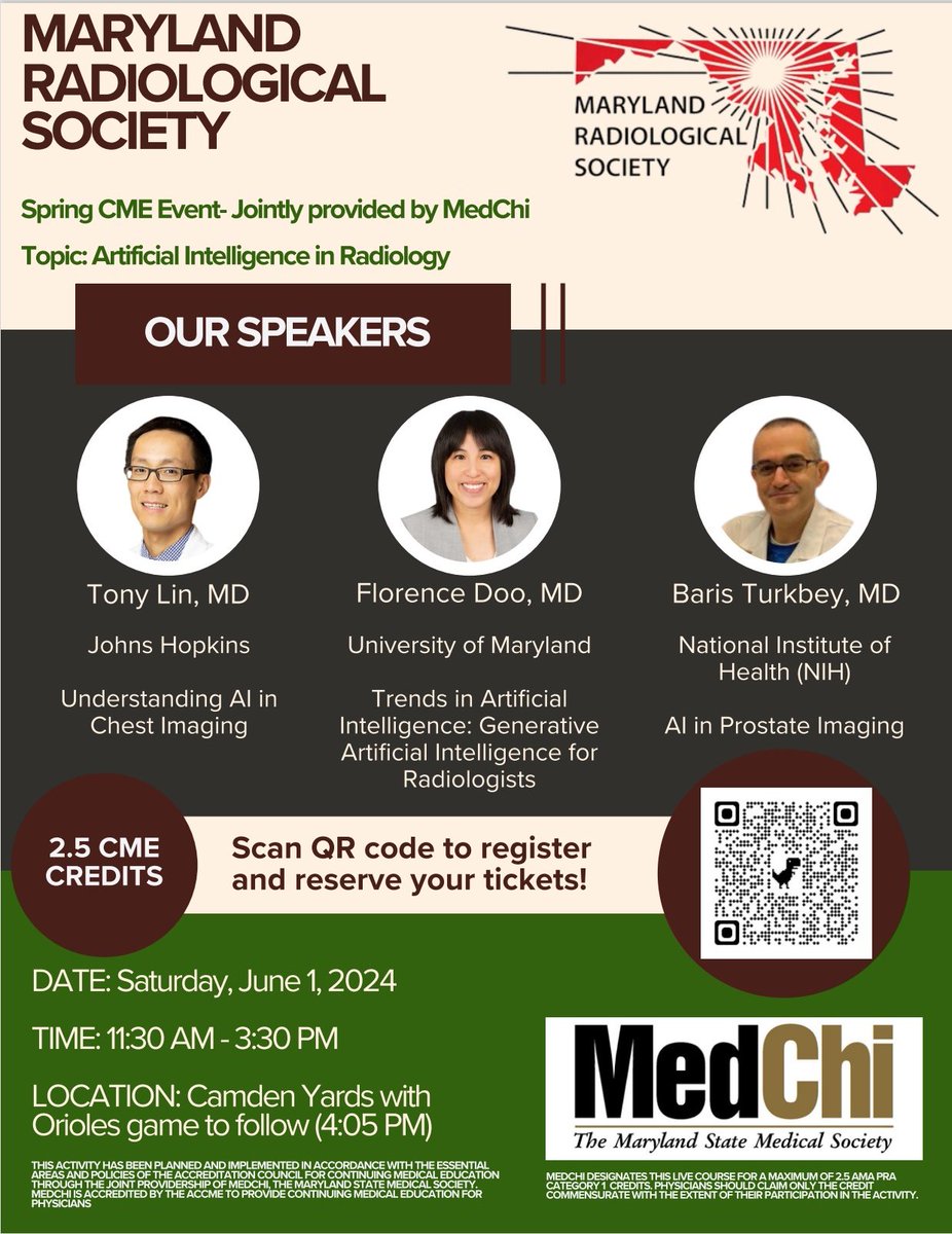 Dr. Tony Lin, associate professor, will discuss AI in radiology during the Spring CME Event hosted by @MarylandRads with @MedChiupdates on June 1, from 11 a.m. to 3:30 p.m. at Camden Yards. Attendance includes two tickets to Orioles game to follow. To register, scan the QR code!