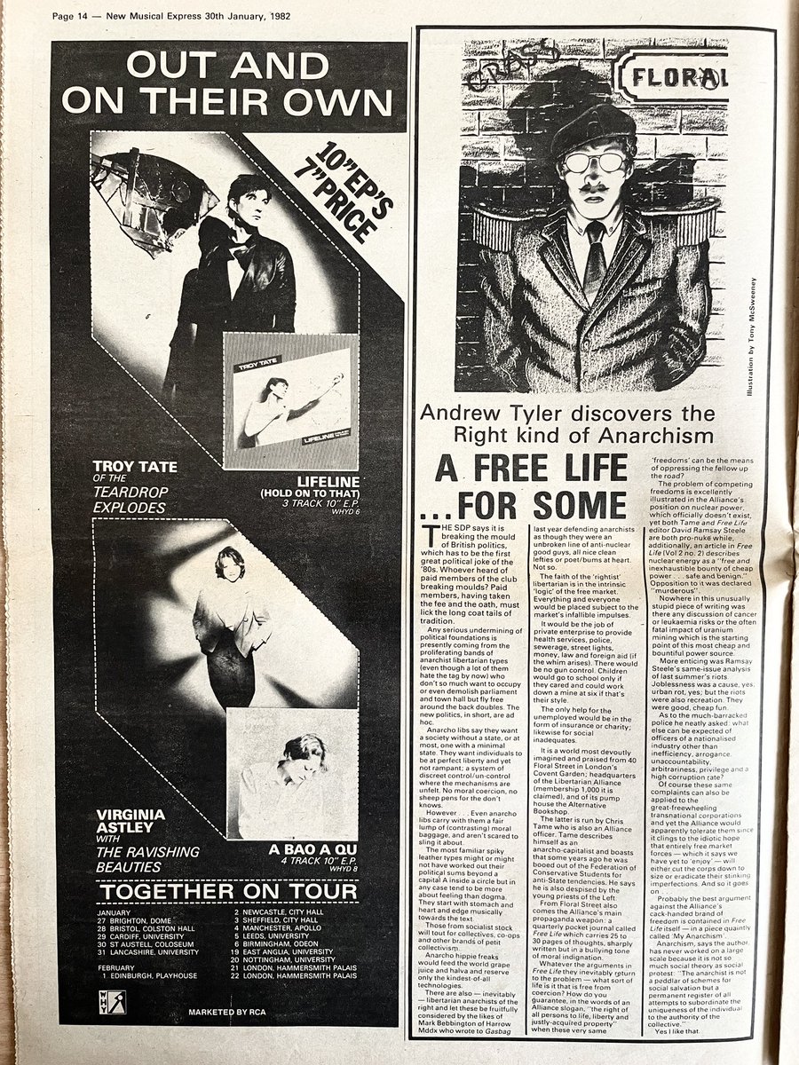 Andrew Tyler on anarchism. Illustration by Tony McSweeney. Plus adverts for Virginia Astley and Troy Tate. New Musical Express, 30 January 1982.