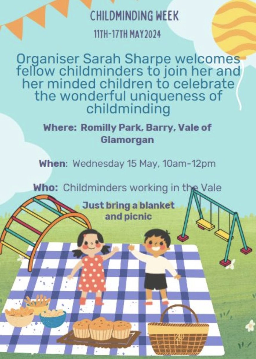 Pleased to announce a local event to celebrate Childminding Week 😁 #picnic #celebrate #organiser #UniqueQualities @Cath_Perry_ @EarlyWales @mmewcav @PlayWales @VictoriaExtence @PACEYCymru
