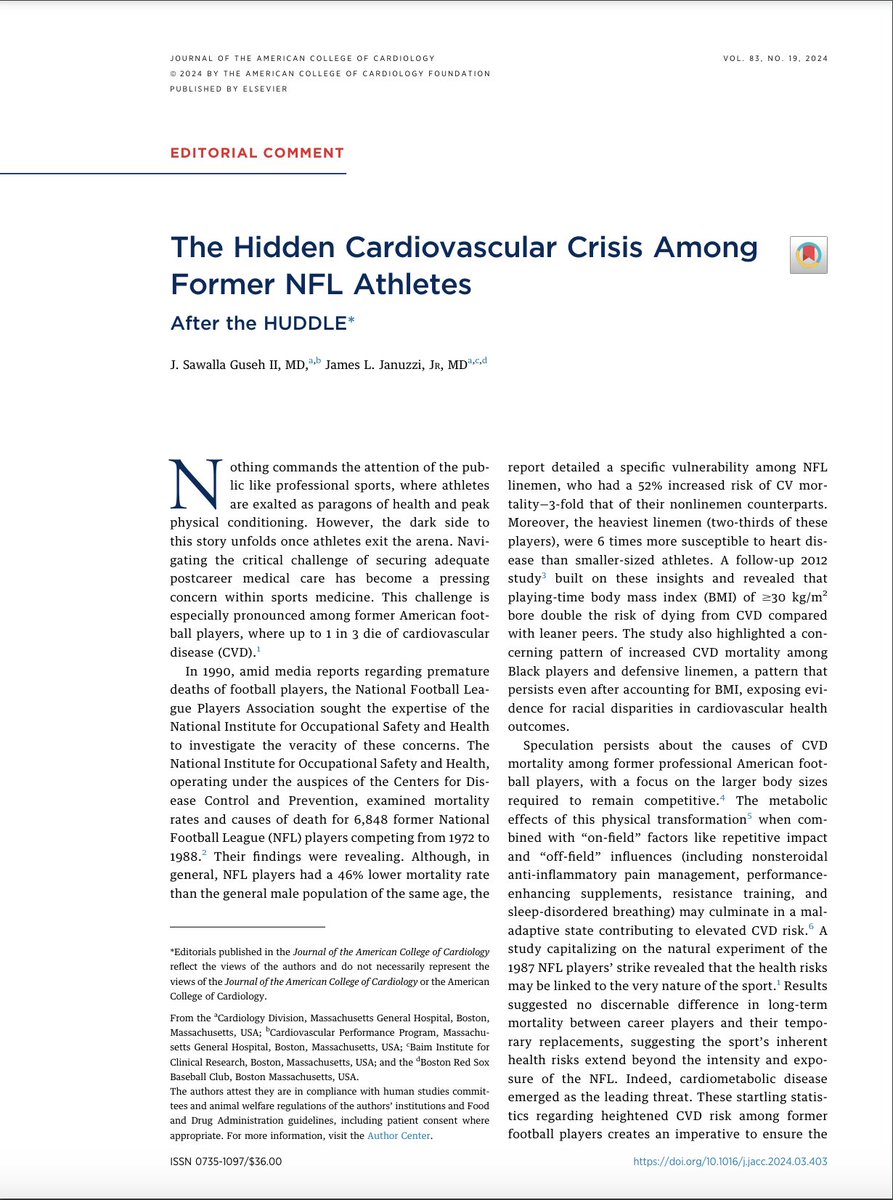 Privileged to think & write w/ @JJheart_doc We discuss: 1. Startling amount of silent heart disease in ex-football players (#HuddleStudy) 2. Critical need for post-career primary care 3. Importance for all players, especially those from Black communities bit.ly/3UR1Zt6