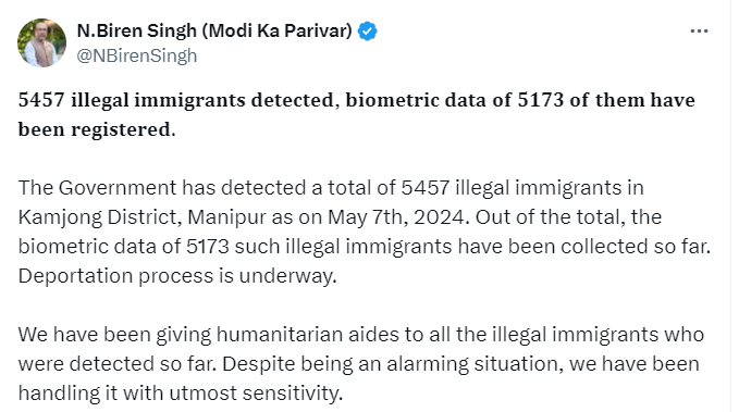 #Manipur government identifies 5457 illegal #immigrants in Kamjong District Further, the Biometric data for 5173 of these immigrants has been collected, and deportation procedures are currently in progress. It is to be mentioned here that the state government has been providing…