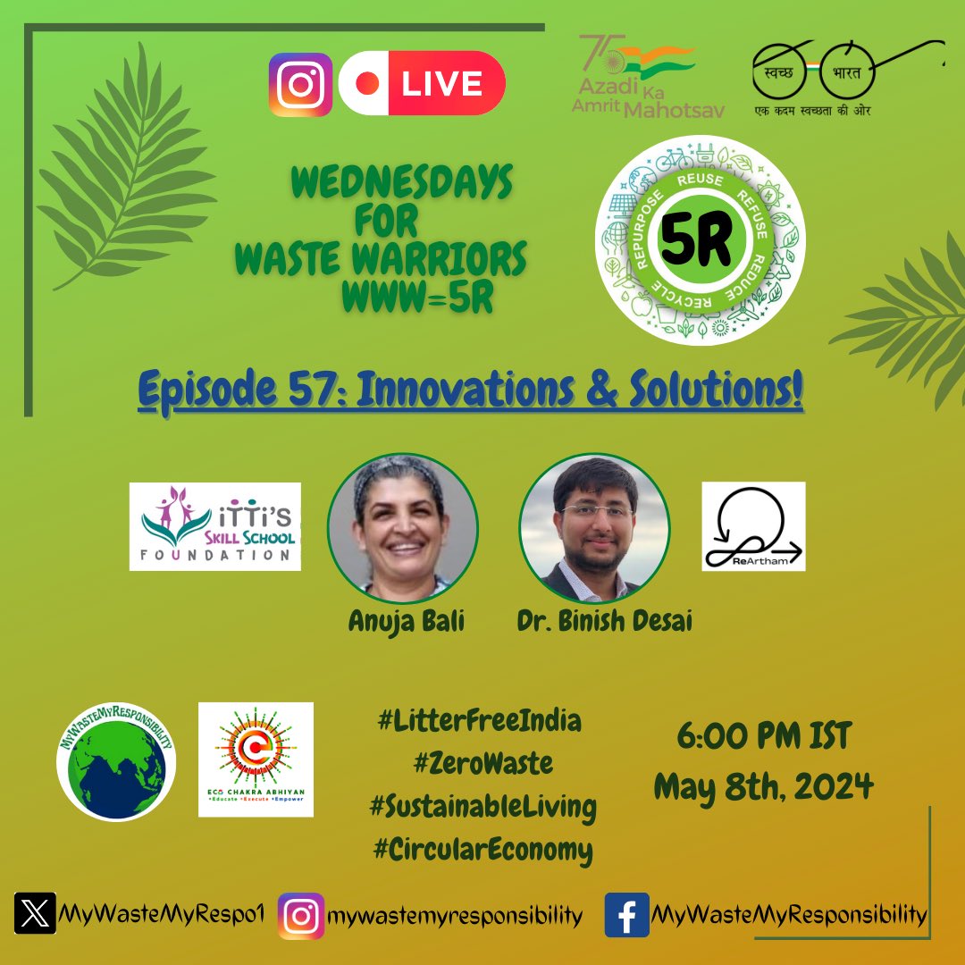 MyWasteMyResponsibility (@mywastemyrespo1) on Twitter photo Episode 57
Wednesday for Waste Warriors WWW=5R
Our special guest today <a href="/binishdesai/">Dr. Binish Desai</a> is known as the Recycle Man of India. He has innovated solutions for waste management. Do join the conversation to learn more about his journey & purpose. <a href="/swachhbharat/">Swachh Bharat Mission - Grameen</a>
instagram.com/mywastemyrespo… Episode 57
Wednesday for Waste Warriors WWW=5R
Our special guest today <a href="/binishdesai/">Dr. Binish Desai</a> is known as the Recycle Man of India. He has innovated solutions for waste management. Do join the conversation to learn more about his journey & purpose. <a href="/swachhbharat/">Swachh Bharat Mission - Grameen</a>
instagram.com/mywastemyrespo…