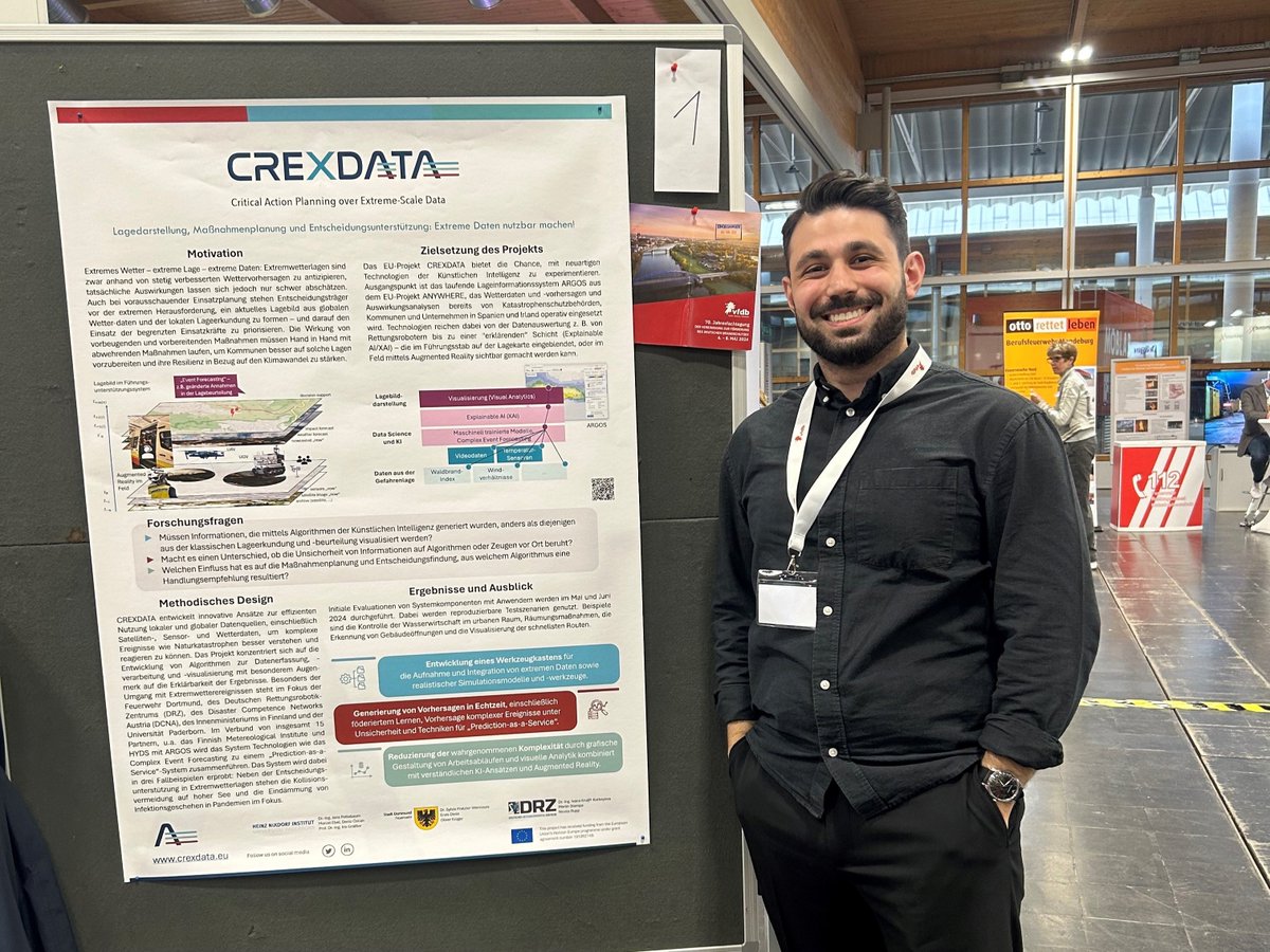 'Making extreme data usable' 📈 Congratulations to @CREXDATA_EU for winning the Best Poster Prize 🏆 at the Annual Conference of The Association of the German Fire Service (@vfdb_ev) in Magdeburg this week! 👏 Learn more about CREXDATA here: dcna.at/index.php/en/c… #DRR #DRM