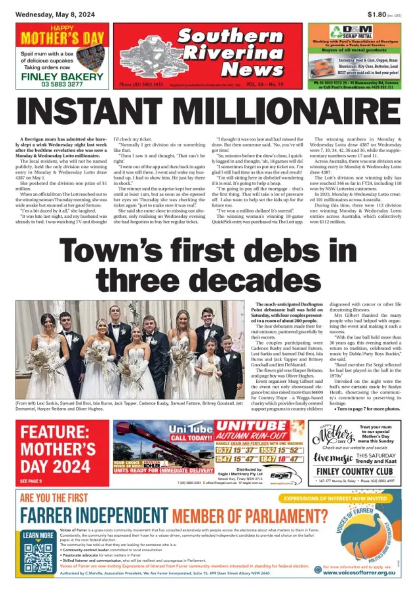 #Breaking #FrontPage 

Our ad inviting expressions of interest in being our #IndeoendentCandidate hit the towns of Tocumwal, Finley, Berrigan and Jerilderie today. 

#TheHuntIsOn #AusPol #BeTheChange