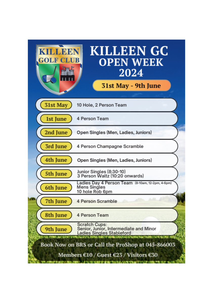 OPEN WEEK 2024 

31st May - 9th June 

Timesheets are now open, book online or call the Proshop on 045-866003

visitors.brsgolf.com/killeen#/open-…