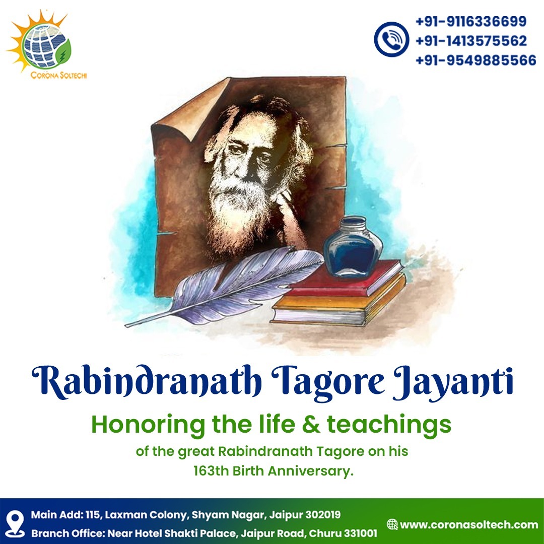 On this Rabindra Nath Tagore Jayanti, let us remember his profound contributions to literature, music, and education. His vision of universal harmony continues to resonate today. #RabindraNathTagore #TagoreJayanti #coronasoltech #jaipur #inspiration