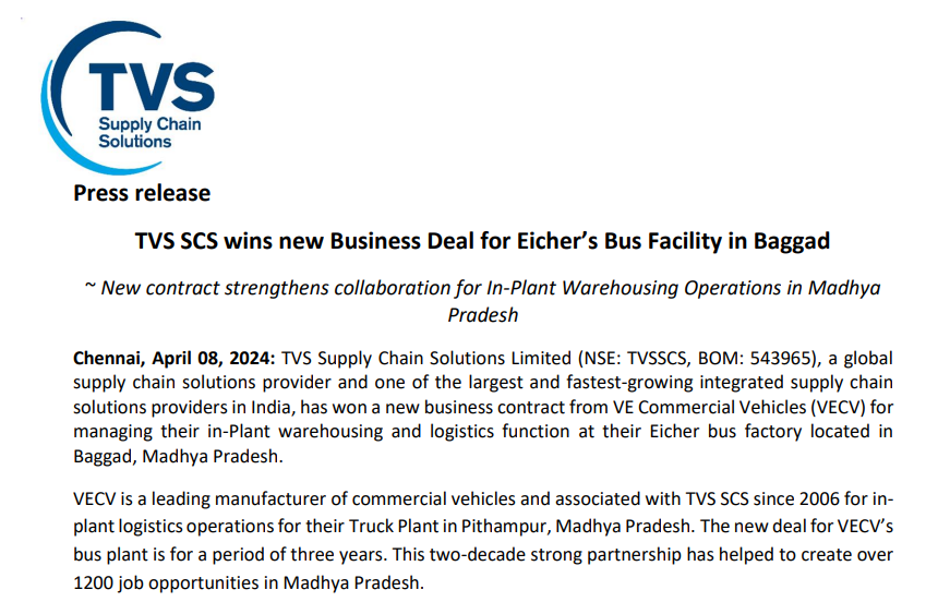 TVS Supply Chain Solutions has won a new 3-year business deal from VE Commercial Vehicles for managing their in-plant warehousing & logistics function at the Eicher bus factory in Baggad, Madhya Pradesh