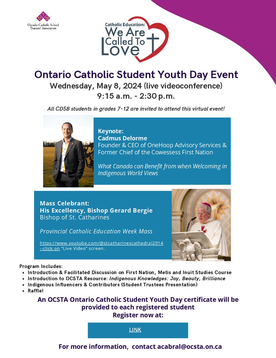 Today is Ontario Catholic Student Youth Day! Students at Catholic Schools across Ontario will be participating in a Seminar hosted by the CDSB Student Trustee Leadership, @ddavidbeshai @ostaaeco, featuring keynote speaker @CadmusD and the annual Provincial Mass. #CEW2024 #onted