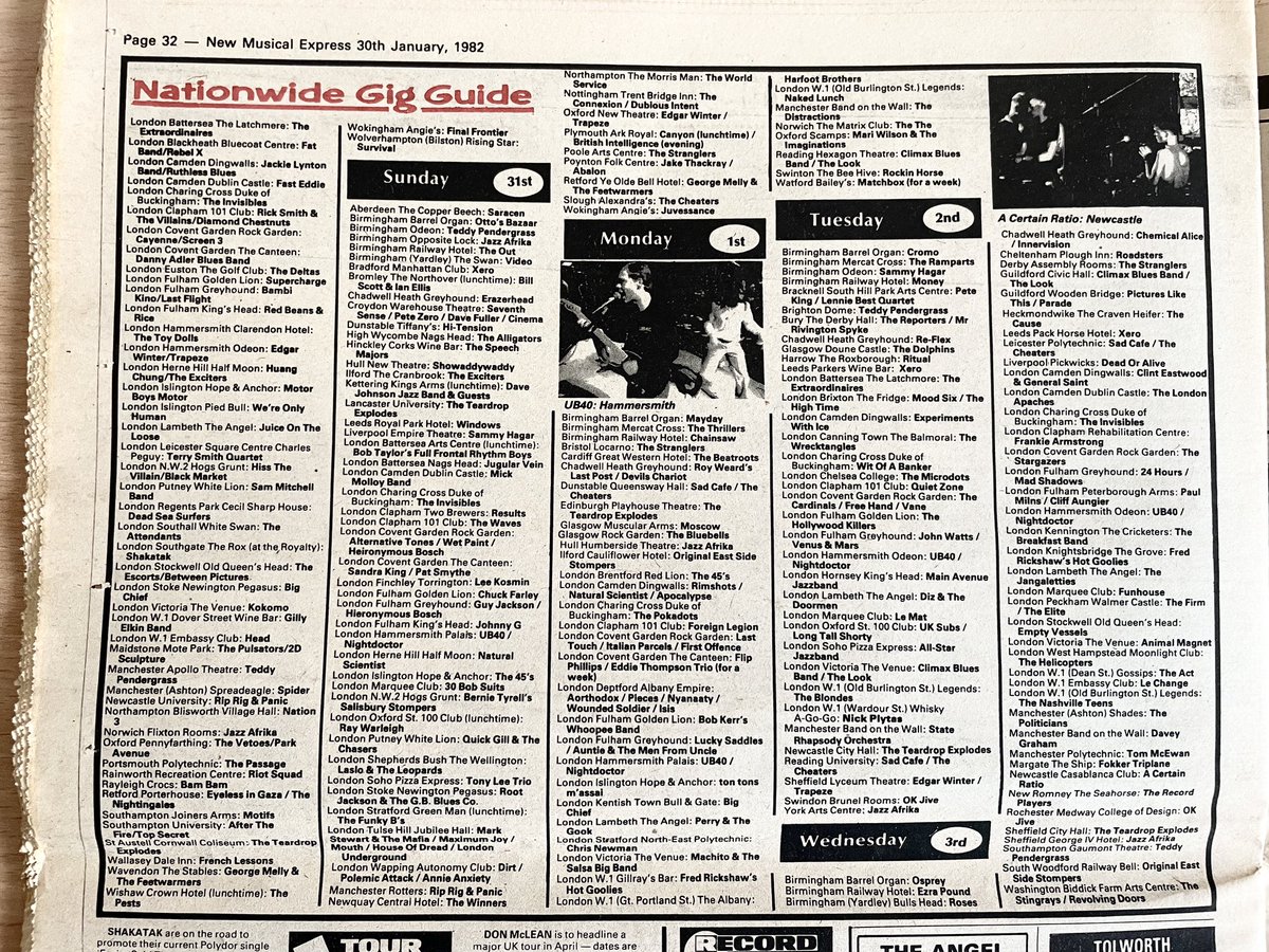 The Stranglers, A Certain Ratio, UB40, Rip Rig & Panic, John Cooper Clarke, OK Jive, Edgar Winter, many more. Gig Guide, New Musical Express, 30 January 1982.